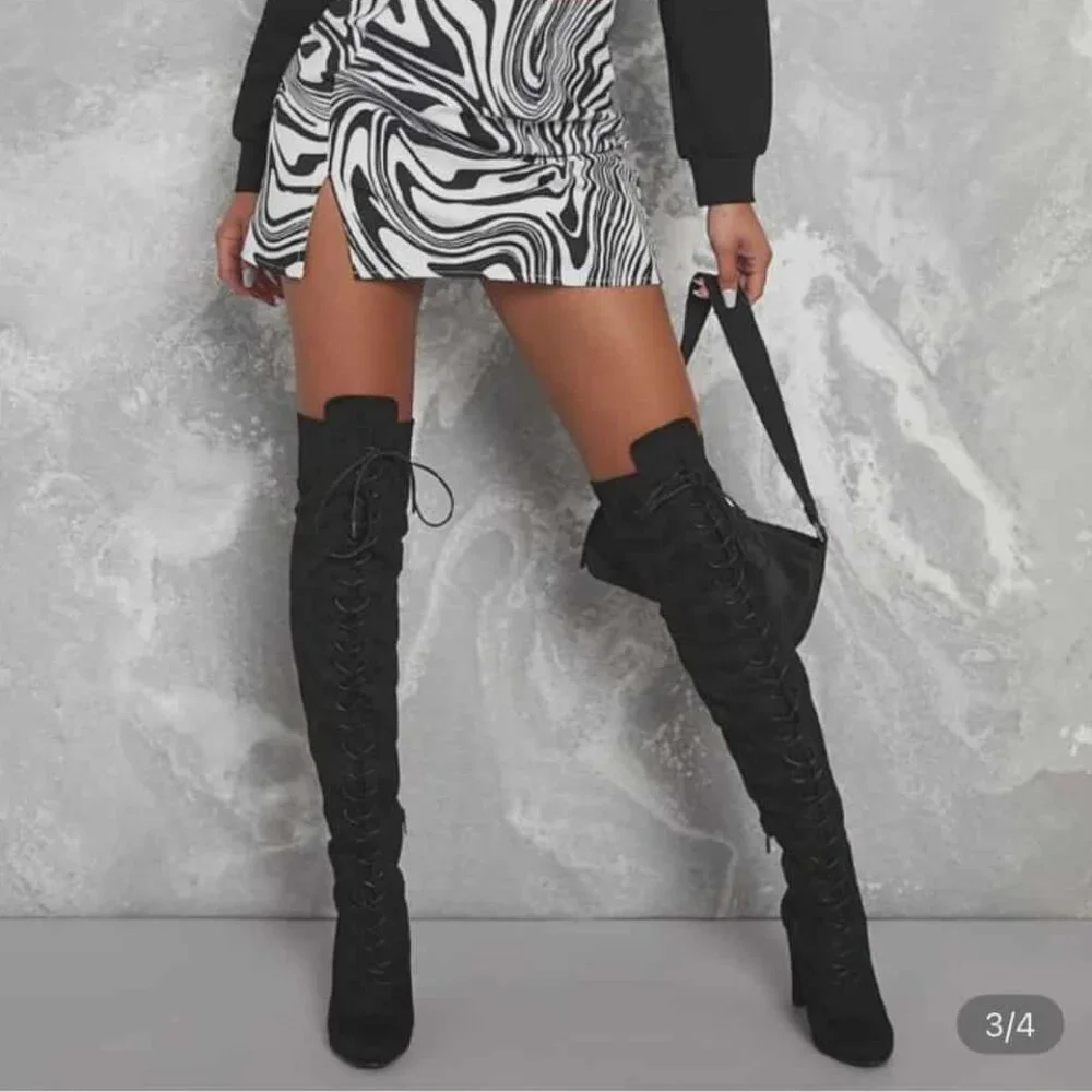 Faux Suede Lace-Up Bow Decor Thigh-High Boots Size 8